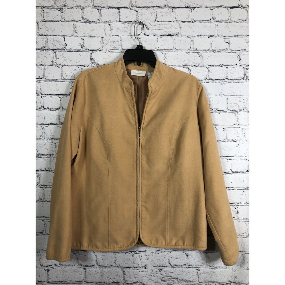 Studio Works Women Zip Front Faux Suede Jacket Mock Neck Lined Tan Size 12